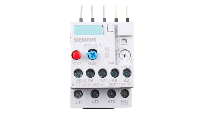 Relè di sovraccarico Siemens 3RU1116-1FB0, NO/NC, 5 A, montaggio su guida DIN, dimensioni 87x45x78 mm.