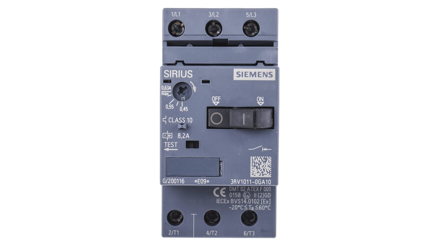 Interruttore automatico motore Siemens 3RV1011-0GA10, 0,45-0,63 A SIRIUS per applicazioni industriali. Resistente ai cortocircuiti, lunga durata meccanica. Compatibile con guida DIN.