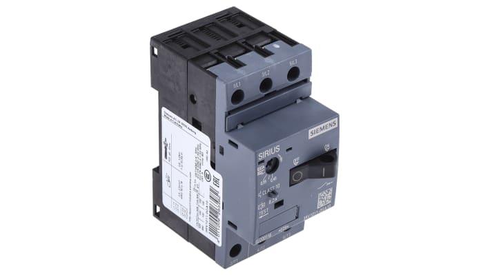 Interruttore automatico motore Siemens 3RV1011-0GA10, 0,45-0,63 A SIRIUS per applicazioni industriali. Resistente ai cortocircuiti, lunga durata meccanica. Compatibile con guida DIN.