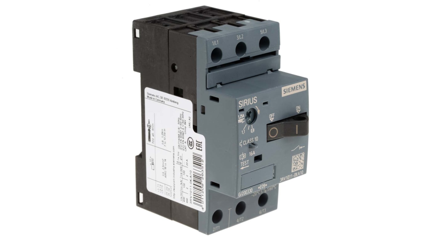 Interruttore automatico del motore Siemens 3RV1011-0KA10, 1,25 A, SIRIUS. Protezione fino a 100 A, 690 V. Resistenza cortocircuiti 50 kA.