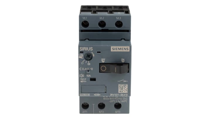 Interruttore automatico del motore Siemens 3RV1011-0KA10, 1,25 A, SIRIUS. Protezione fino a 100 A, 690 V. Resistenza cortocircuiti 50 kA.