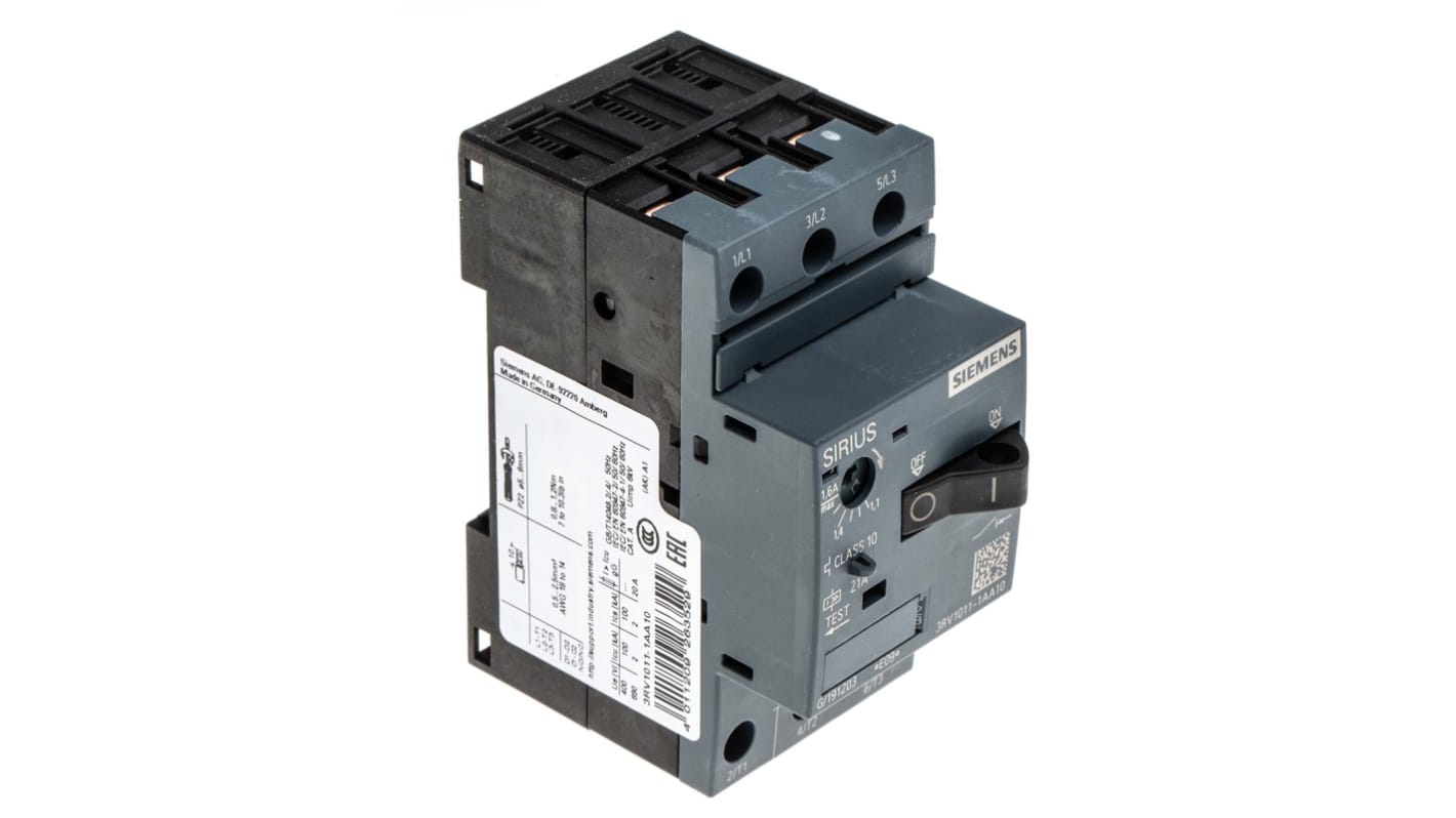 Interruttore automatico motore Siemens 3RV1011-1AA10, 690V, 1,1-1,6A SIRIUS. Protezione da cortocircuiti per impianti industriali.