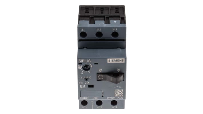 Interruttore automatico motore Siemens 3RV1011-1AA10, 690V, 1,1-1,6A SIRIUS. Protezione da cortocircuiti per impianti industriali.