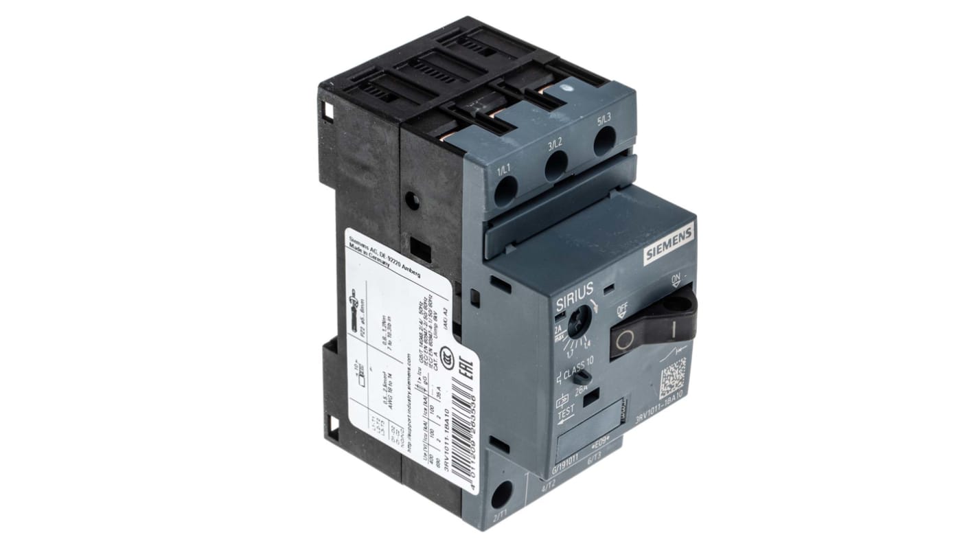 Interruttore automatico motore Siemens 3RV1011-1BA10, 20-690V, 6kV resistenza sovratensioni. Protezione da cortocircuiti fino a 50 kA. Dimensioni compatte.