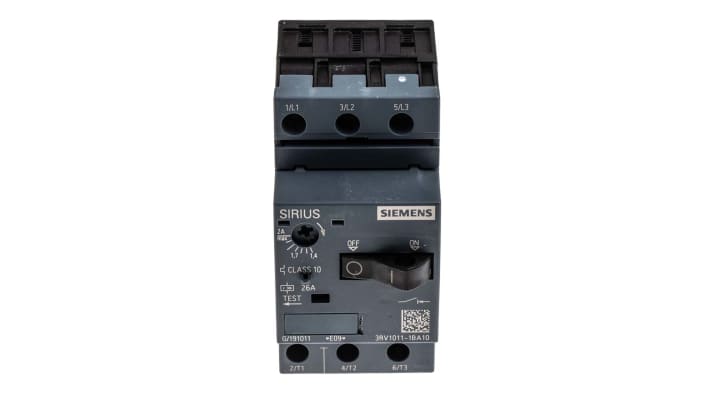 Interruttore automatico motore Siemens 3RV1011-1BA10, 20-690V, 6kV resistenza sovratensioni. Protezione da cortocircuiti fino a 50 kA. Dimensioni compatte.