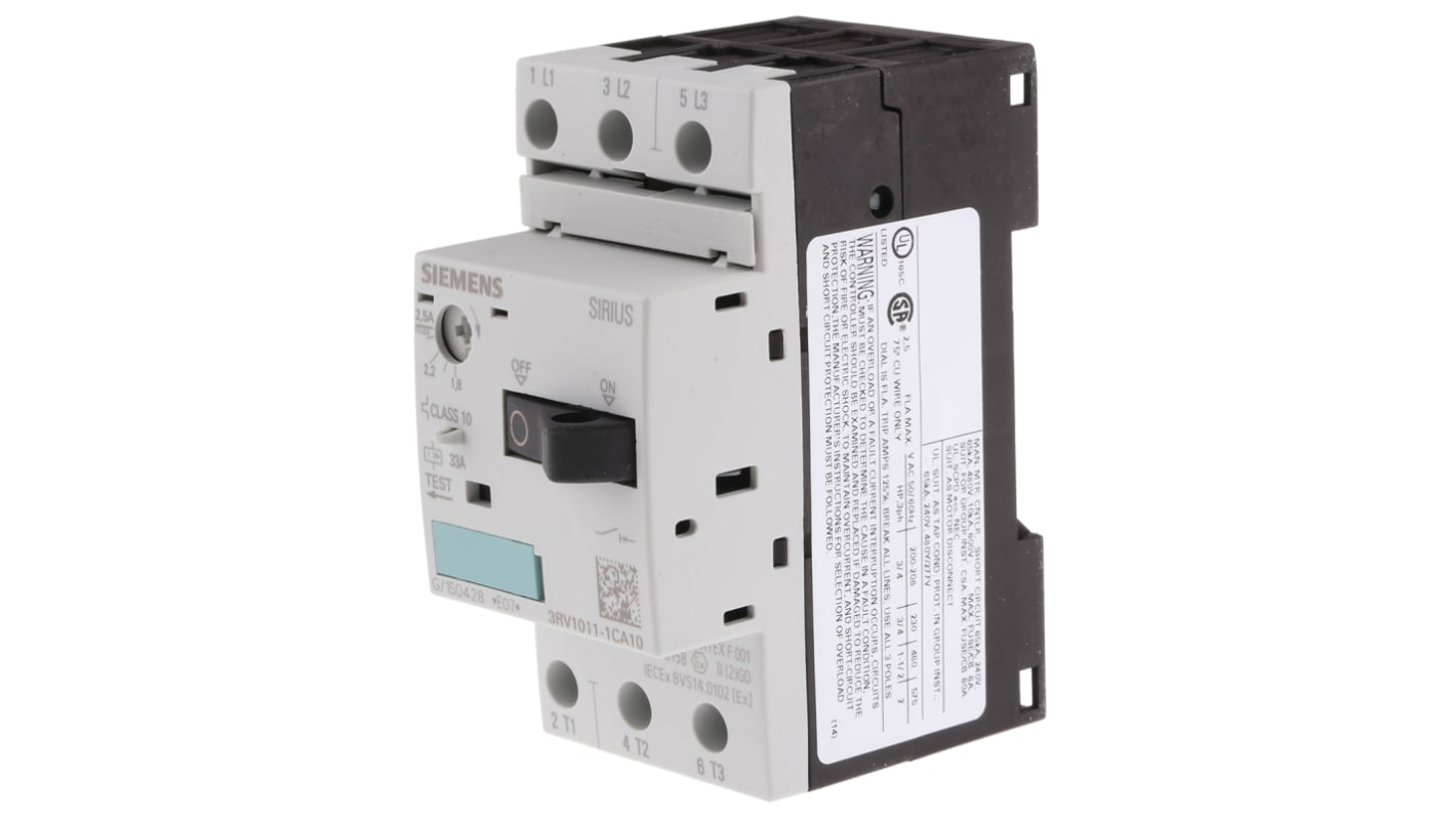 Interruttore automatico motore Siemens 3 poli 2,5 A - 3RV1011-1CA10: protezione cortocircuiti, installazione rapida, temperatura -20/+60 °C. Ideale per pompe e compressori.