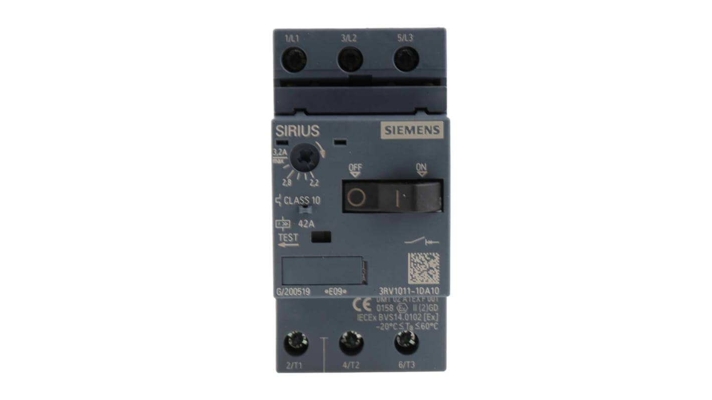 Interruttore automatico motore Siemens 3RV1011-1DA10, 3 poli, 3,2A SIRIUS - Protezione cortocircuiti, installazione rapida, prestazioni affidabili.