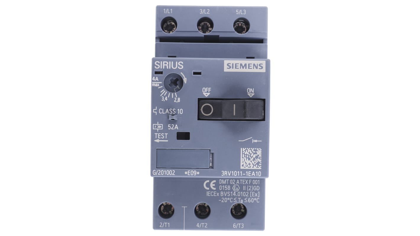 Interruttore automatico del motore Siemens 3RV1011-1EA10, 3 poli, 2,8-4 A, montaggio su guida DIN, dimensioni 90 x 45 x 75 mm.