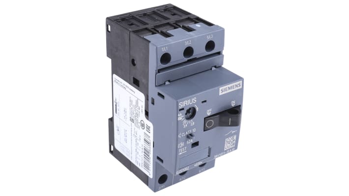 Interruttore automatico del motore Siemens 3RV1011-1EA10, 3 poli, 2,8-4 A, montaggio su guida DIN, dimensioni 90 x 45 x 75 mm.