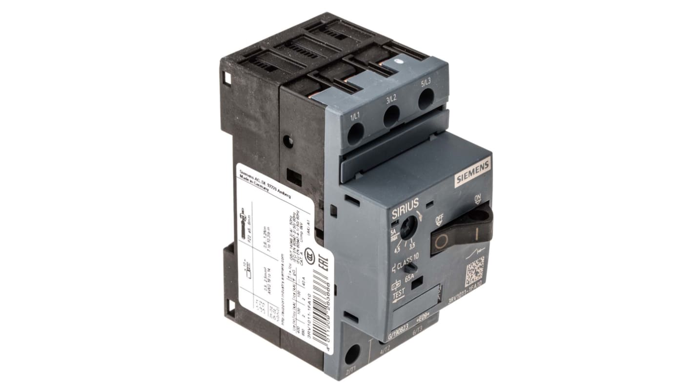 Interruttore automatico del motore Siemens 3RV1011-1FA10, 3 poli, corrente 3,5-5 A, tensione 690 V, dimensioni 90 x 45 x 75 mm.