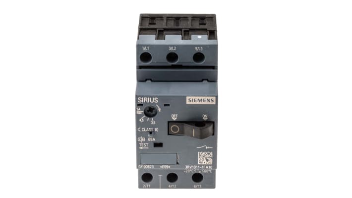 Interruttore automatico del motore Siemens 3RV1011-1FA10, 3 poli, corrente 3,5-5 A, tensione 690 V, dimensioni 90 x 45 x 75 mm.