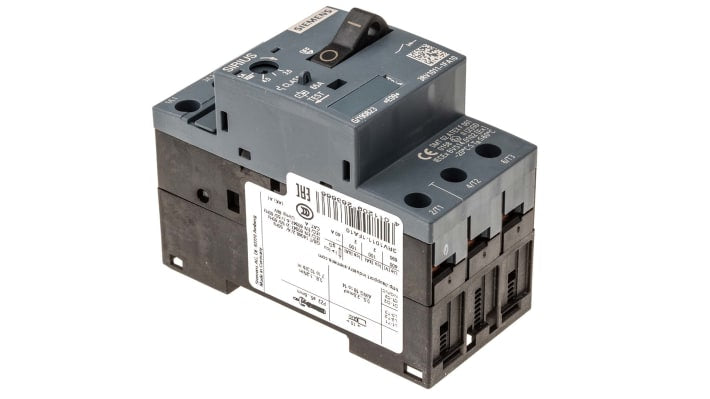Interruttore automatico del motore Siemens 3RV1011-1FA10, 3 poli, corrente 3,5-5 A, tensione 690 V, dimensioni 90 x 45 x 75 mm.