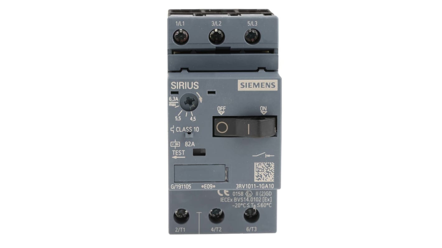 Interruttore automatico del motore Siemens 3RV1011-1GA10, 3 poli, corrente 4,5-6,3 A, montaggio su guida DIN, dimensioni 90x45x81 mm.