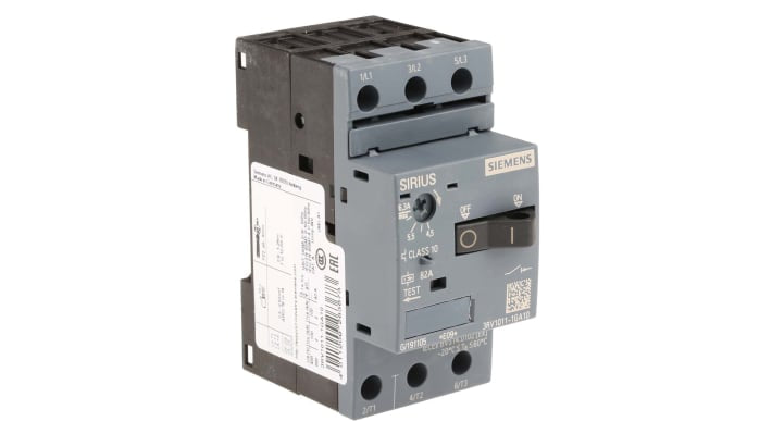 Interruttore automatico del motore Siemens 3RV1011-1GA10, 3 poli, corrente 4,5-6,3 A, montaggio su guida DIN, dimensioni 90x45x81 mm.