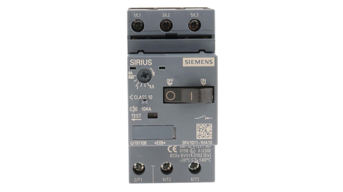 Interruttore automatico motore Siemens 3RV1011-1HA10, 5,5-8 A, serie SIRIUS - Protezione cortocircuito 50 kA, durata 100.000 cicli.
