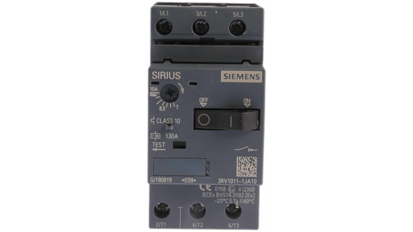 Interruttore automatico del motore Siemens 3RV1011-1JA10, 3 poli, 7-10 A, montaggio su guida DIN, dimensioni 90 x 45 x 75 mm.