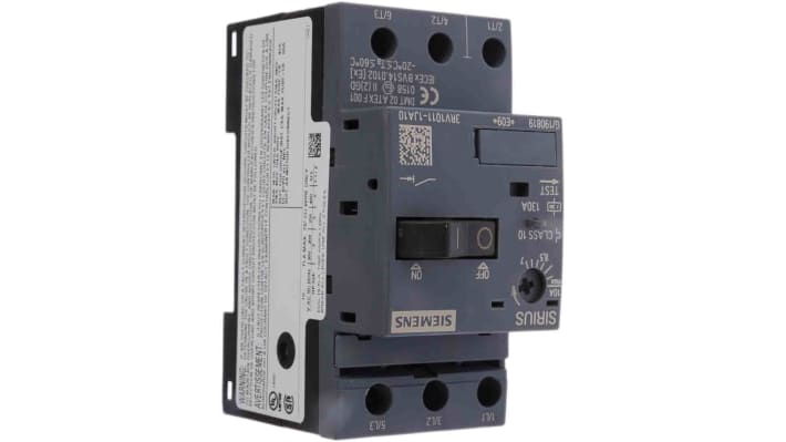 Interruttore automatico del motore Siemens 3RV1011-1JA10, 3 poli, 7-10 A, montaggio su guida DIN, dimensioni 90 x 45 x 75 mm.