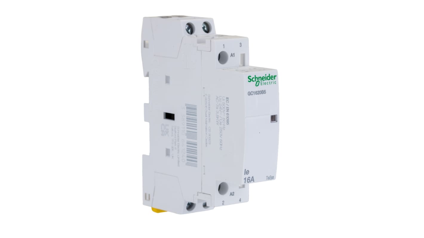 Contattore Schneider Electric GC1620B5, 2 poli, 16 A, 24 V c.a., montaggio clip-on, dimensioni 17.5 x 81 x 62.55 mm.