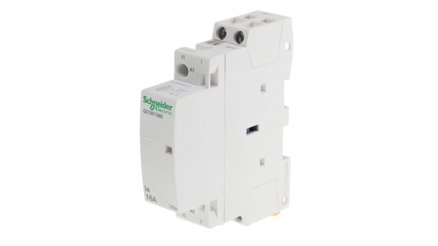 Contattore Schneider Electric GC1611M5, 2 poli, 1 NO + 1 NC, 16 A, montaggio su guida DIN, dimensioni 17.5 x 81 x 65 mm.