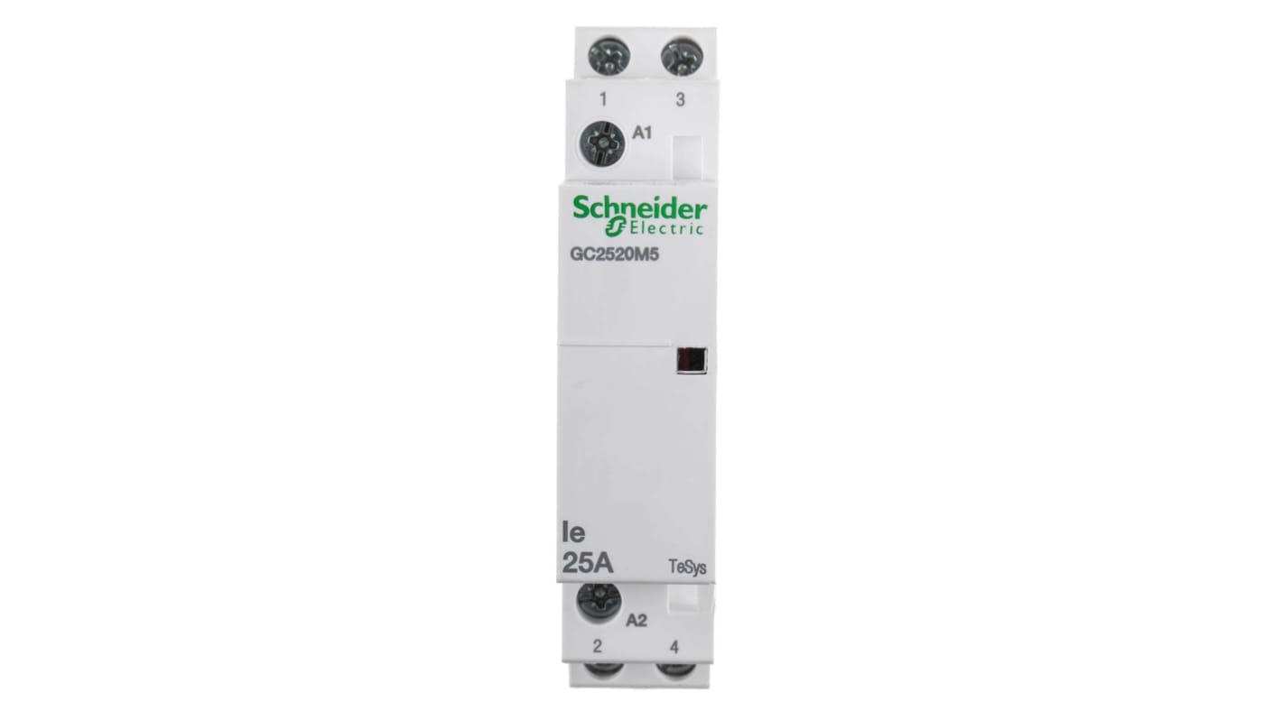 Contattore Schneider Electric GC2520M5, 2 poli, 25 A, bobina 230 V, montaggio a clip, dimensioni 81x17.5x65 mm.