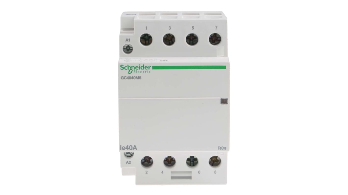 Contattore 4 poli Schneider Electric GC4040M5, 40 A, 230 V ca, 415 V ca, dimensioni 81x52.5x65 mm, IP40.