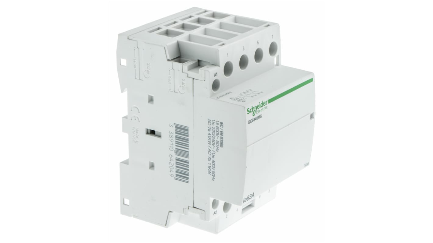 Contattore 4 poli Schneider Electric GC6340M5, 63 A, 230 V, montaggio a pannello o su guida DIN, dimensioni 81x52.5x65 mm.