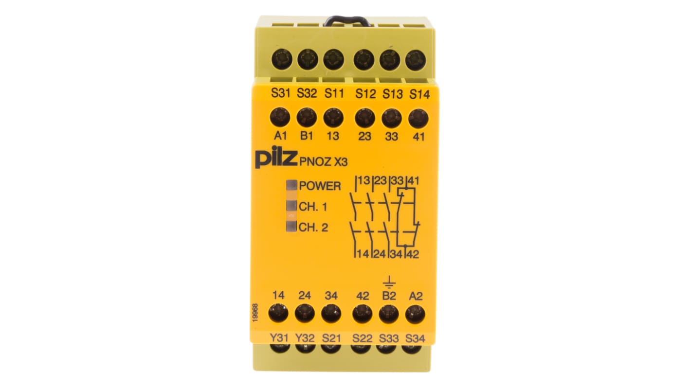 Pilz 774310, relè di sicurezza PNOZ X3, 24V, 2 canali, 3 contatti di sicurezza, montaggio su guida DIN, dimensioni 45x121x87 mm.