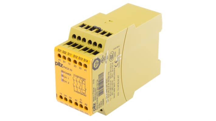 Pilz 774310, relè di sicurezza PNOZ X3, 24V, 2 canali, 3 contatti di sicurezza, montaggio su guida DIN, dimensioni 45x121x87 mm.