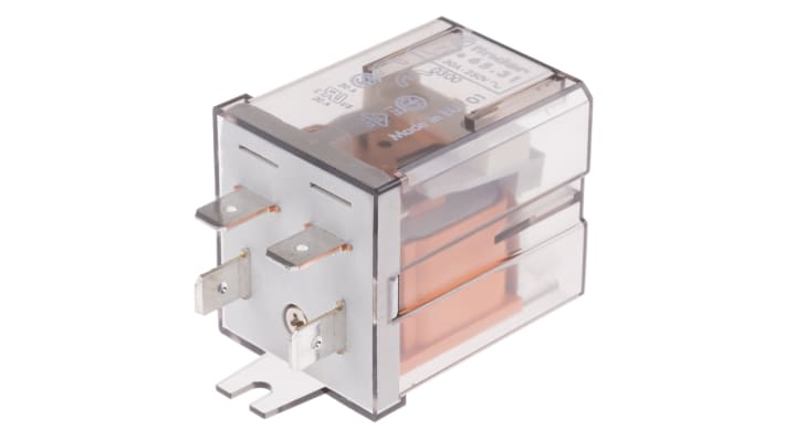 Relè di potenza Finder 65, SPST, 110V ca, 30A, montaggio su flangia, dimensioni 62,2mm x 36,5mm x 32,2mm.