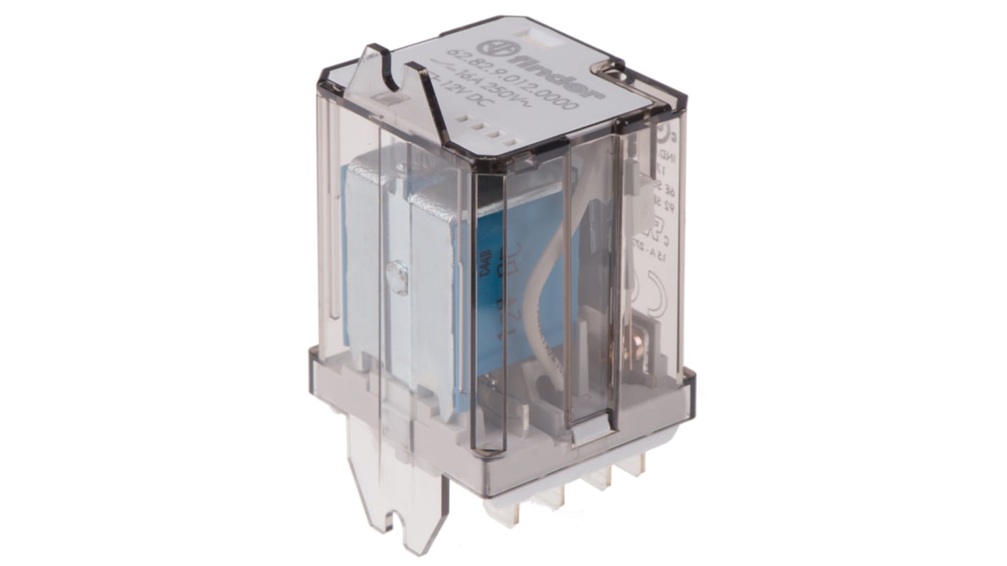 Finder 62.82.9.012.0000, relè DPDT 12V cc, montaggio su flangia, corrente 16A, dimensioni 68mm x 35.8mm x 38.2mm.