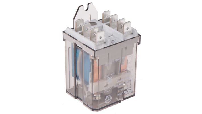 Finder 62.82.9.012.0000, relè DPDT 12V cc, montaggio su flangia, corrente 16A, dimensioni 68mm x 35.8mm x 38.2mm.