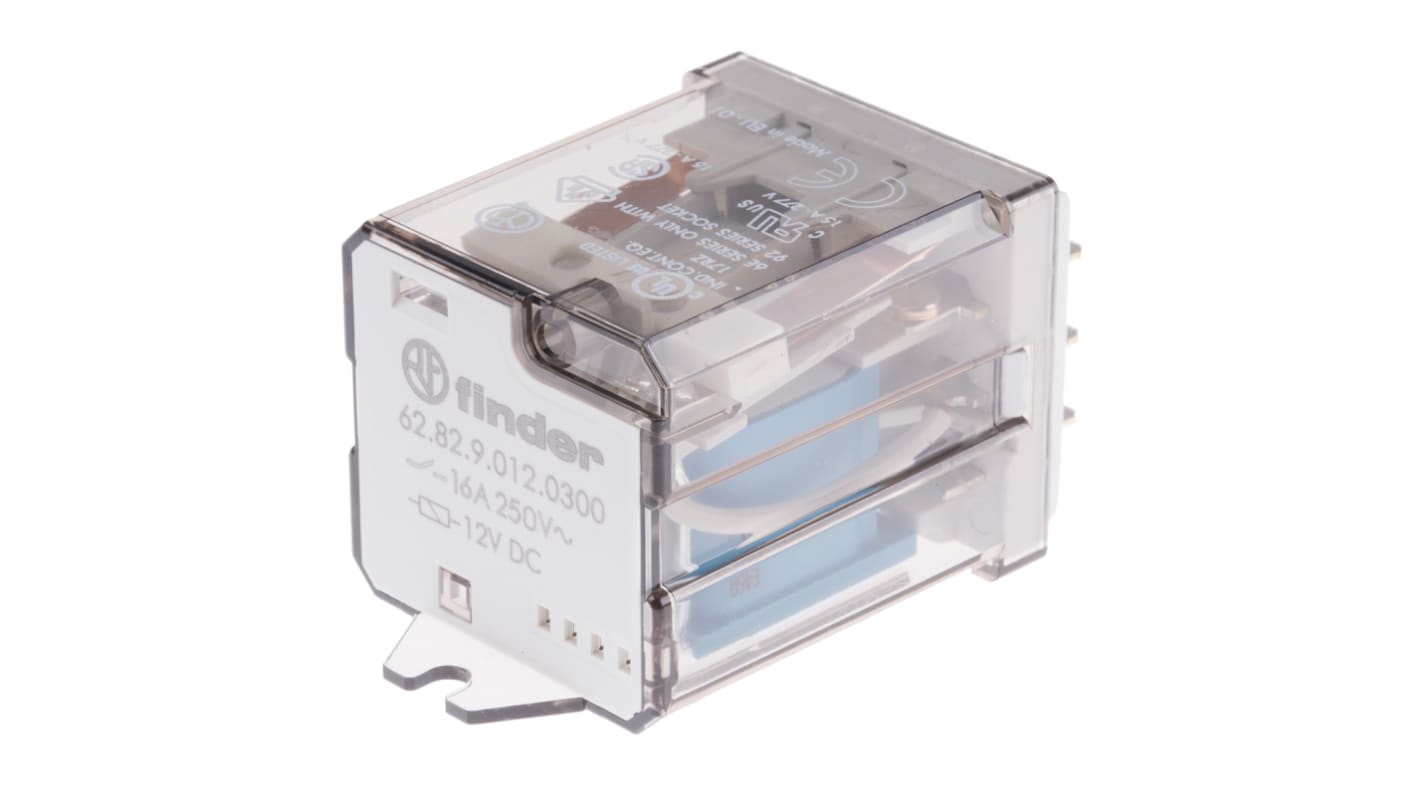 Finder 62.82.9.012.0300, relè DPST 12V cc, montaggio su flangia, corrente 16A, dimensioni 68x35.8x38.2 mm.