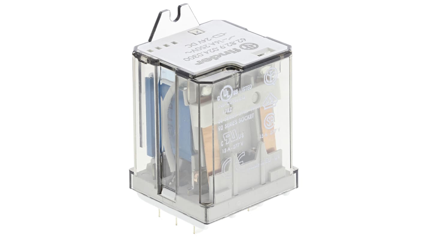 Relè di potenza Finder 62, DPST, 24V cc, montaggio su flangia, corrente 16A, dimensioni 68mm x 38.2mm x 35.8mm.