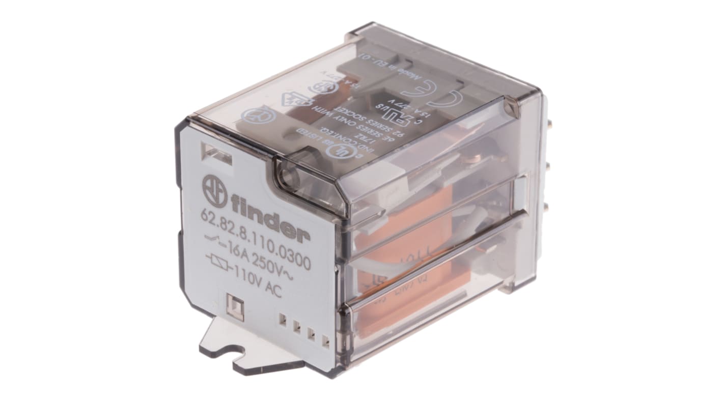 Relè di potenza Finder 62.82.8.110.0300, DPST, montaggio su flangia, corrente 16A, dimensioni 68mm x 35.8mm x 38.2mm.