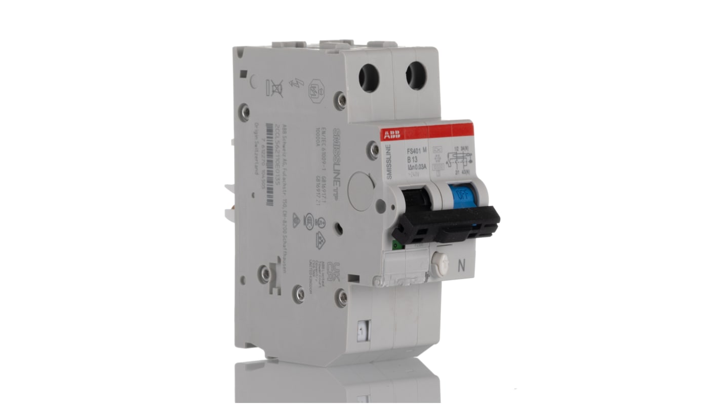 Interruttore differenziale ABB FS401M-B13/0.03, 2 poli, 13 A, 30 mA, montaggio su guida DIN, dimensioni 78 x 36 x 91 mm.
