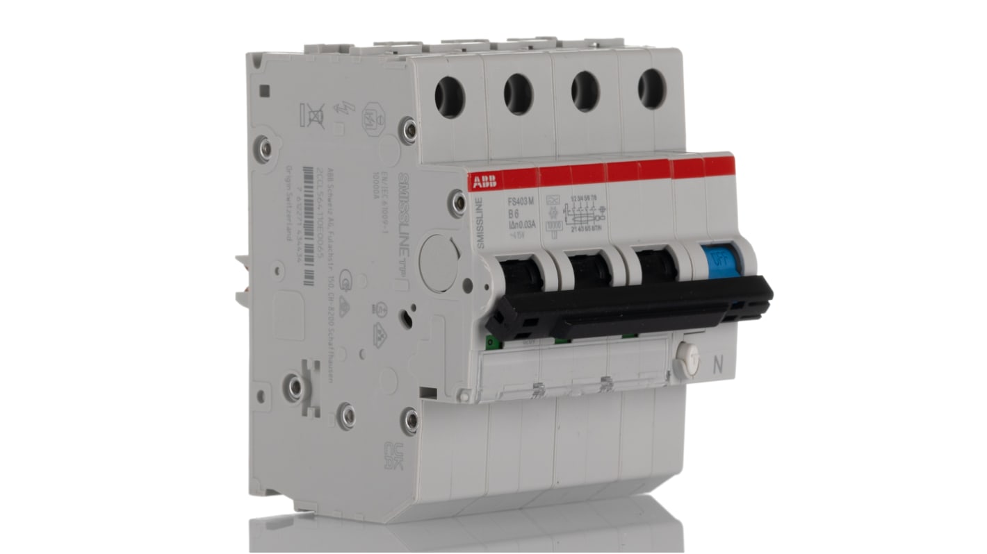 Interruttore differenziale ABB 2CCL564110E0065, 4 poli, 6 A, 30 mA, montaggio su guida DIN, dimensioni 91 x 72 x 91 mm.