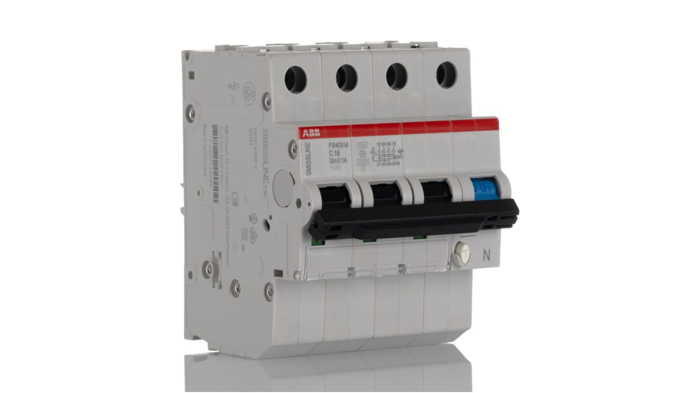 Interruttore differenziale ABB 4 poli, 16 A, 100 mA, montaggio su guida DIN, dimensioni 91 x 72 x 91 mm.