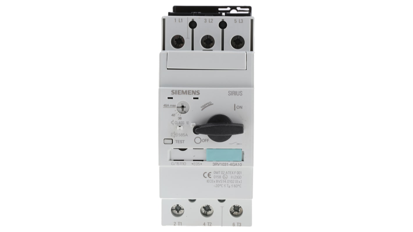 Interruttore magnetotermico Siemens 3RV1031-4GA10 per protezione motori, corrente 36-45 A, dimensioni 140x55x149 mm.