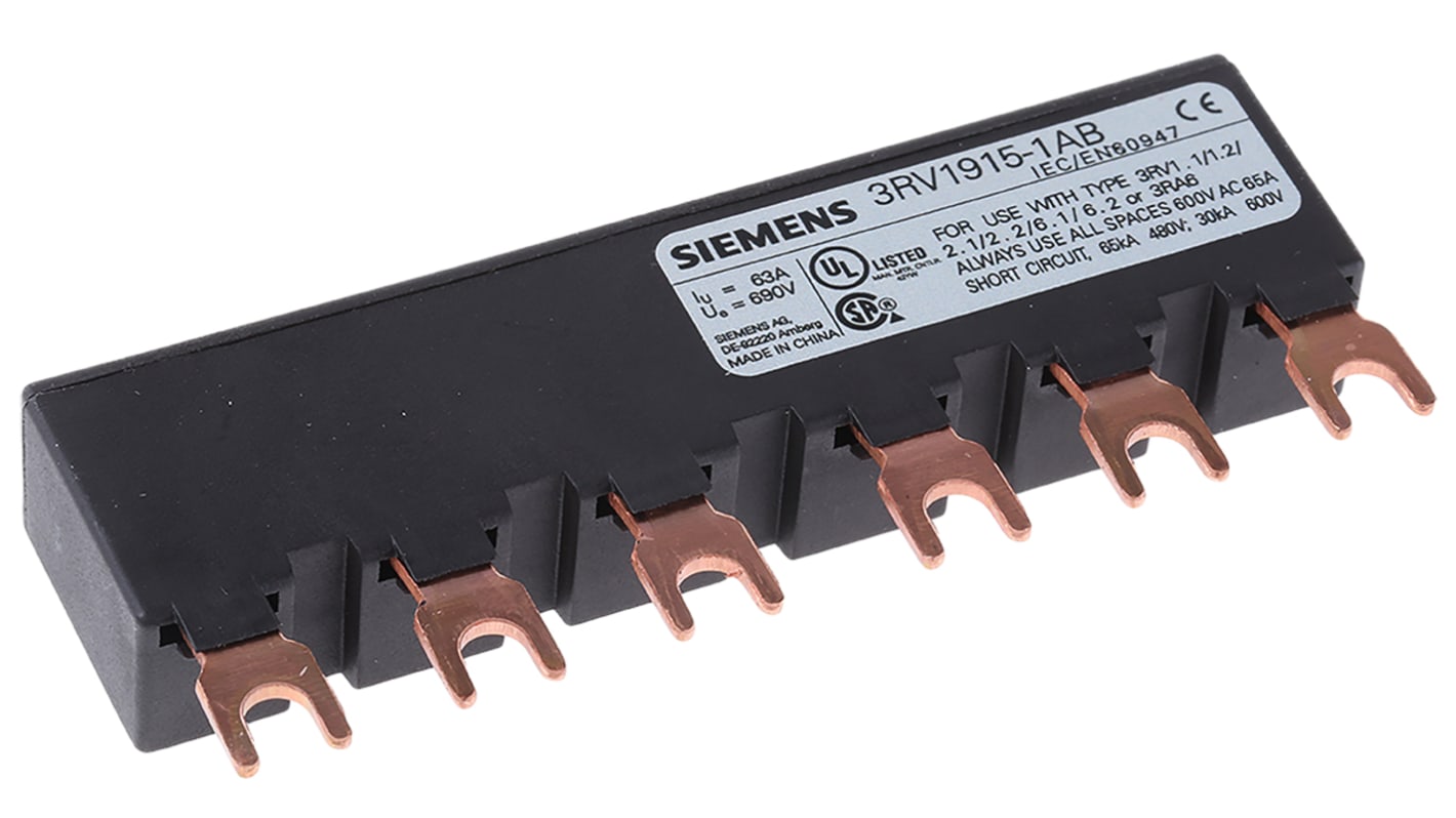 Barra di distribuzione trifase Siemens 3RV1915-1AB - 63A 690V SIRIUS. Connettore a forcella, protezione IP20. Ottimizza l'energia in impianti industriali.