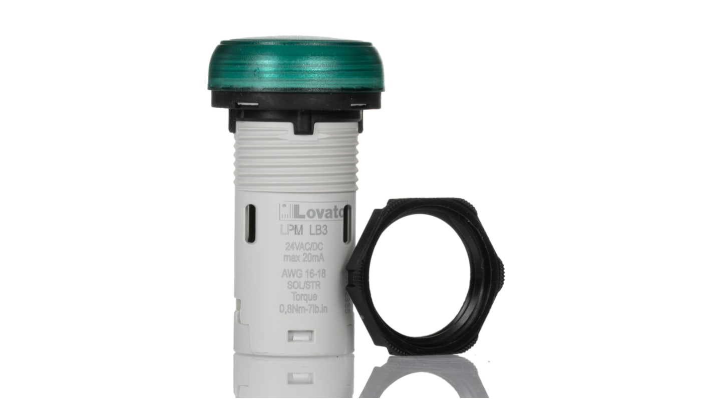 Spia LED Lovato LPMLB3, montaggio a pannello 22mm, protezione IP66/IP67/IP69K, tensione 24V, corpo in poliammide.