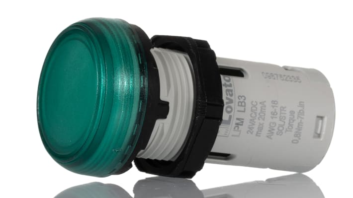 Spia LED Lovato LPMLB3, montaggio a pannello 22mm, protezione IP66/IP67/IP69K, tensione 24V, corpo in poliammide.