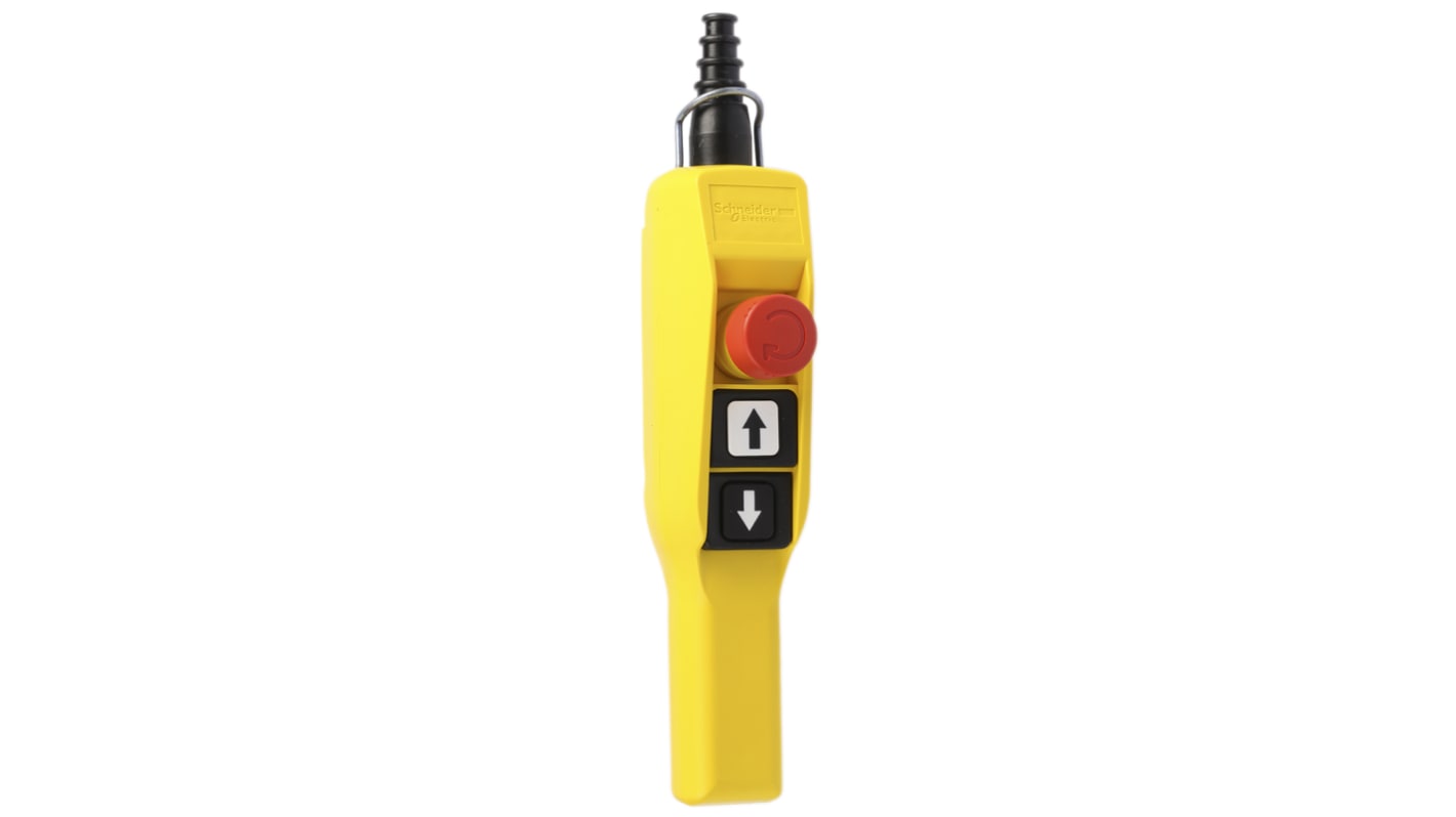Stazione a pulsante Schneider Electric XACA2153, con 3 pulsanti e freno di rallentamento, IP65, per applicazioni industriali.