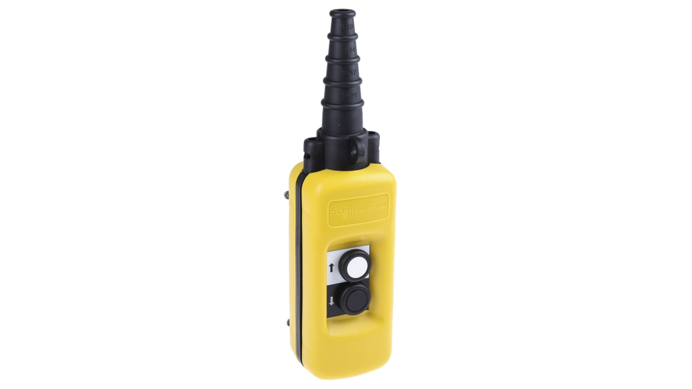 Stazione pensile a pulsante Schneider Electric XACA271, 2 NA, protezione IP65, temperatura operativa -25°C/+70°C, colore giallo, pre-assemblata.