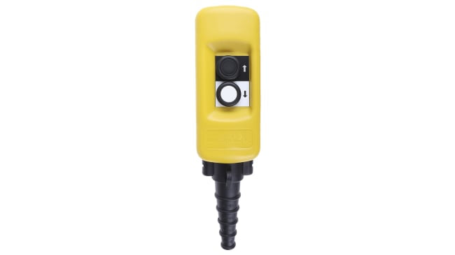 Stazione pensile a pulsante Schneider Electric XACA271, 2 NA, protezione IP65, temperatura operativa -25°C/+70°C, colore giallo, pre-assemblata.