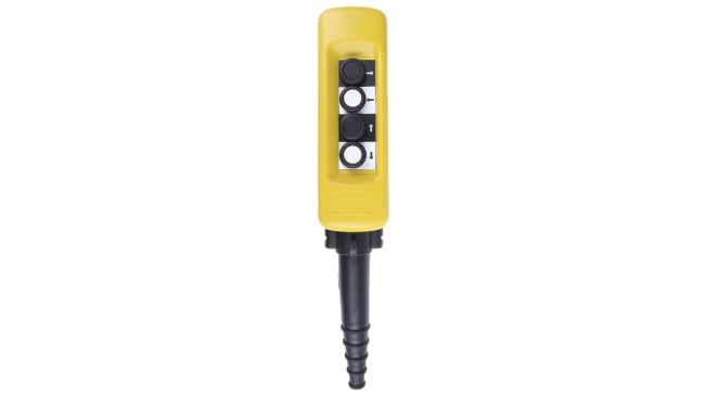 Stazione pensile a pulsante Schneider Electric XACA471, custodia gialla, 4 contatti normalmente aperti, IP65, pronta all'uso.