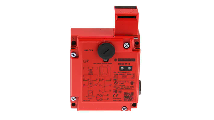 Interruttore di interblocco a solenoide Telemecanique Sensors XCSE5511, 24V, design rettangolare, IP67, 2 LED indicatori.