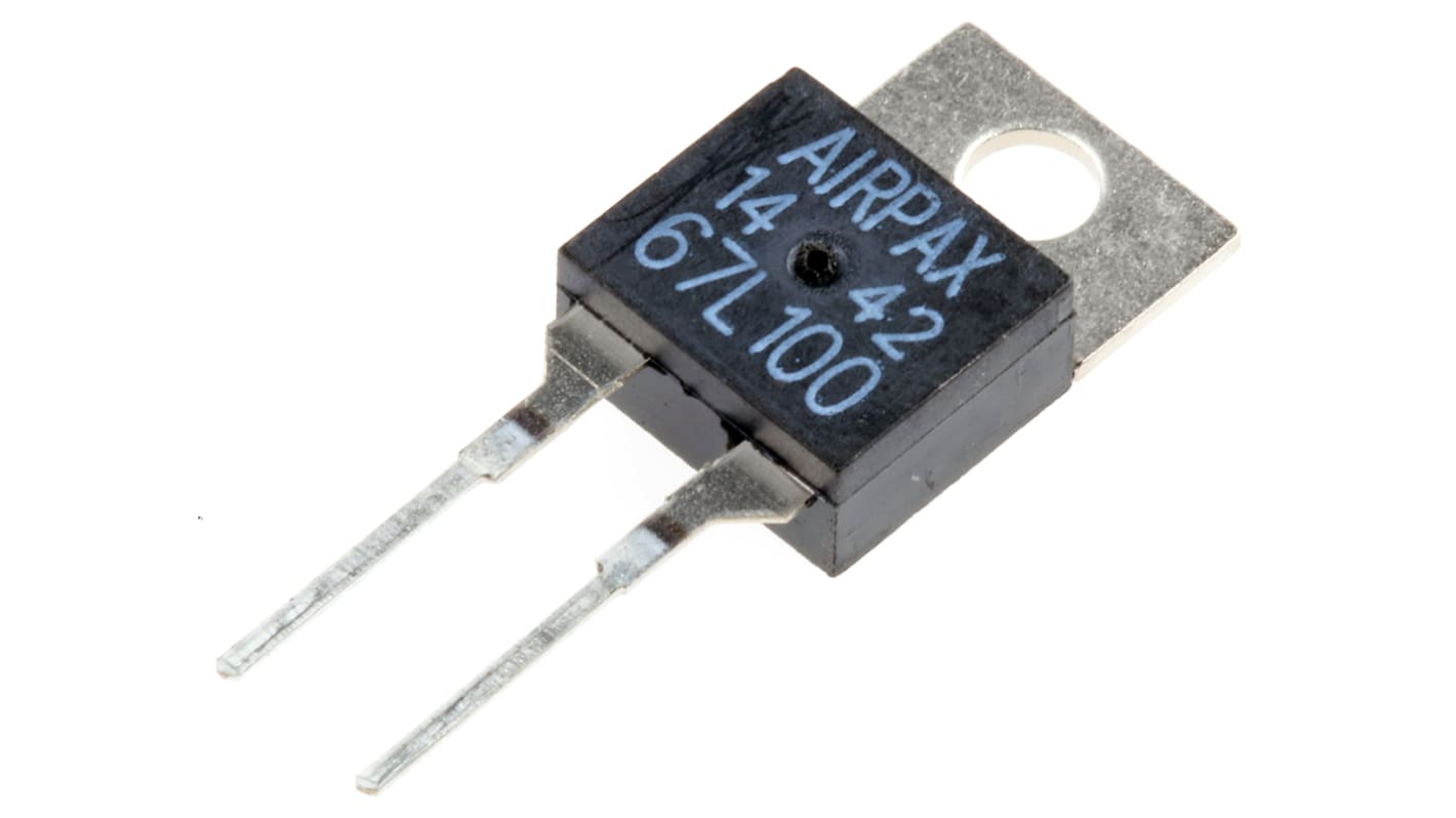 Termostato bimetallico Philips Technologies 67L100, montaggio su PCB, apertura a 100 °C, chiusura a 60 °C, contenitore TO-220.