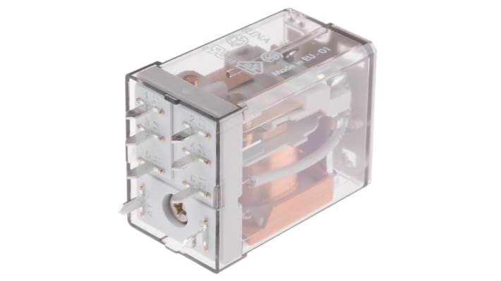 Finder 56.42.8.230.0000, relè DPDT 230V, montaggio su PCB, dimensioni 41,1 x 20,7 x 27,7 mm, corrente 12 A.