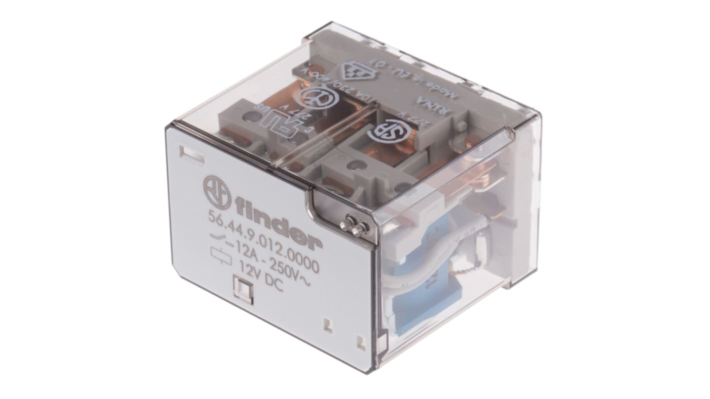 Relè di potenza Finder 56, 4PDT, bobina 12V cc, montaggio su PCB, dimensioni 41,1 x 20,7 x 27,7 mm.