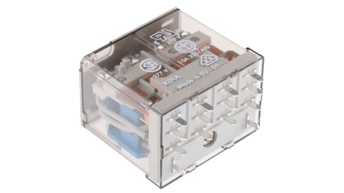 Relè di potenza Finder 56, 4PDT, bobina 24V cc, montaggio su PCB, dimensioni 41,1 x 20,7 x 27,7 mm.